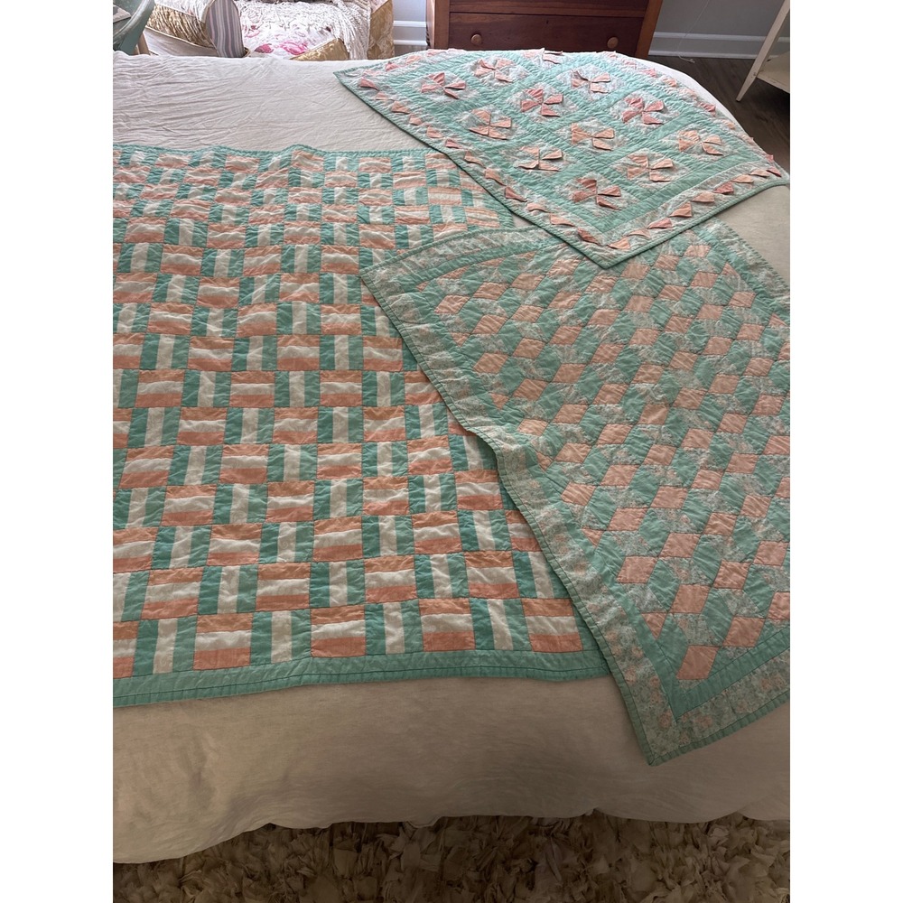 Handmade Patchwork Quilt Set 3pc Mint Green Peach Floral Pinwheel Tumbling Block